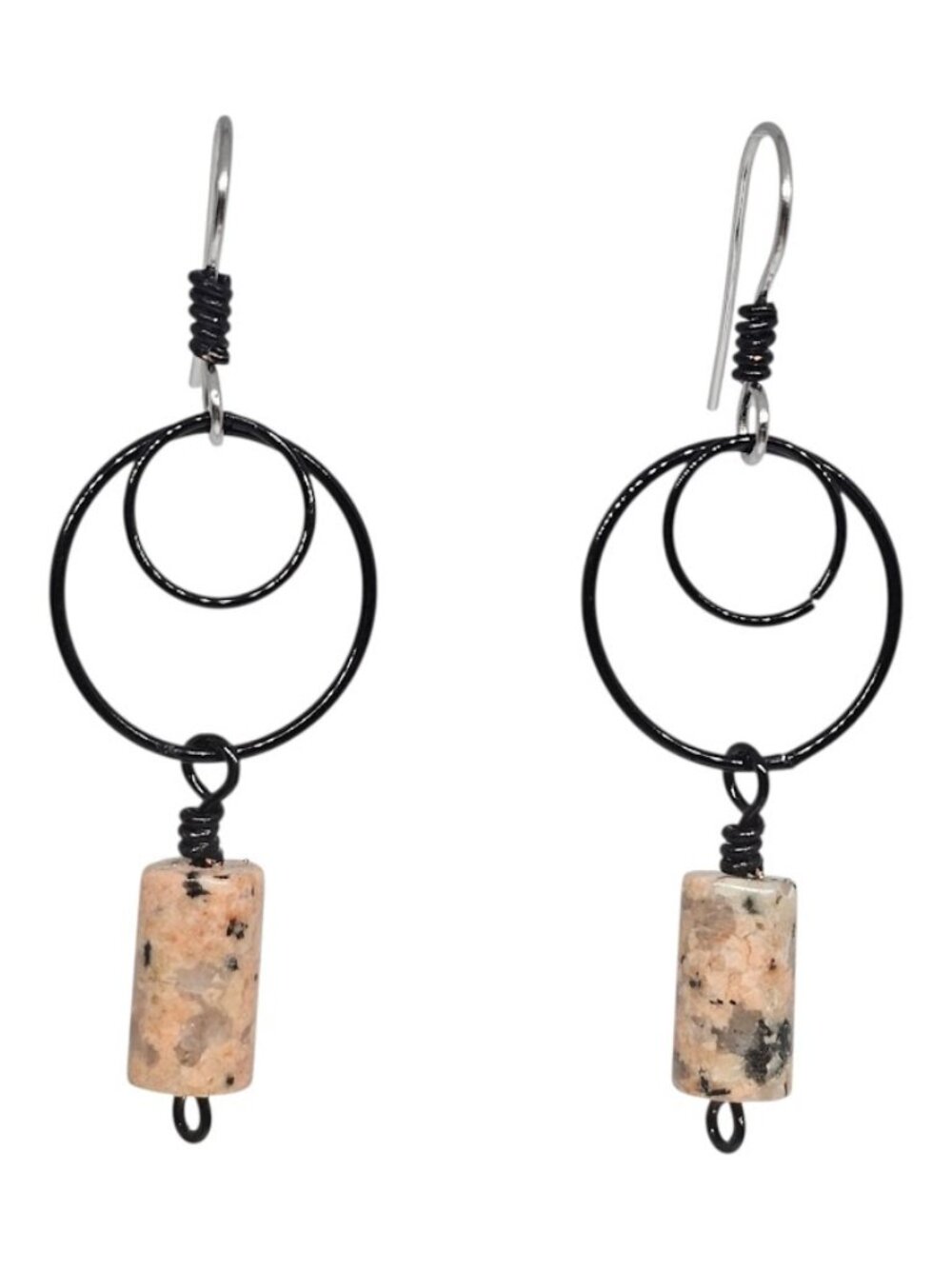Handmade Peach & Black Feldspar Gemstone Beaded Black Hoop Dangle Boho Earrings